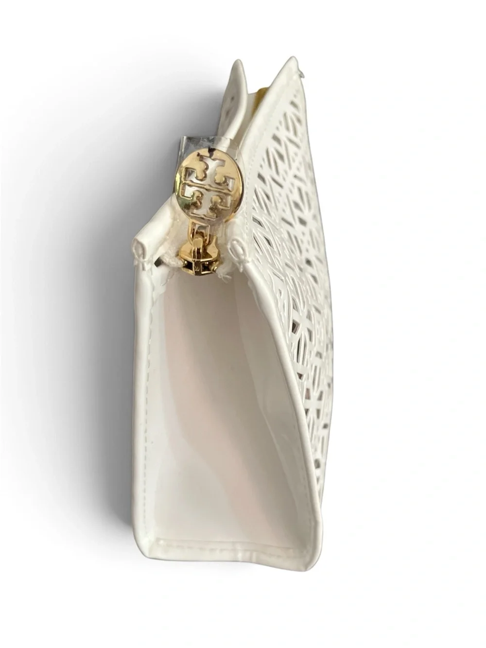 Tory Burch Ivory Laser-Cut Leather Makeup Pouch